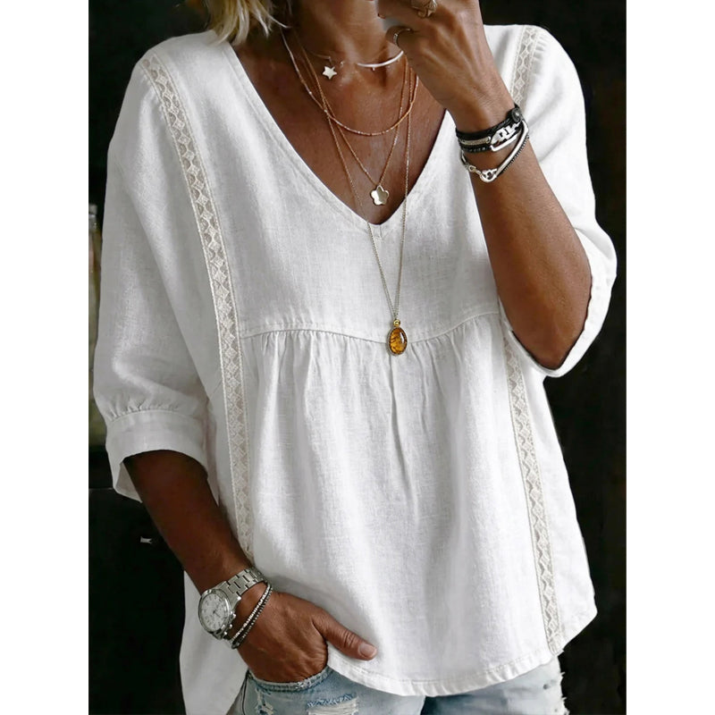 Women’s Lace-Trim V-Neck Top – Bohemian Charm, Empire Waist, 3/4 Sleeves 🌼