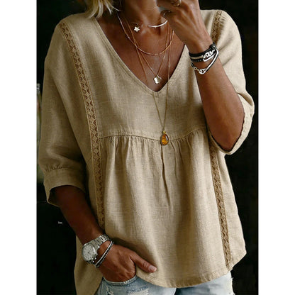 Women’s Lace-Trim V-Neck Top – Bohemian Charm, Empire Waist, 3/4 Sleeves 🌼