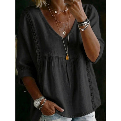 Women’s Lace-Trim V-Neck Top – Bohemian Charm, Empire Waist, 3/4 Sleeves 🌼