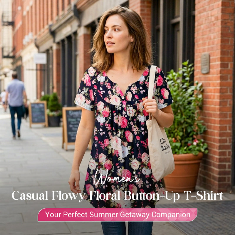 🌸Women’s Flowy Floral Button-Up Tee – Casual, Breezy, Versatile