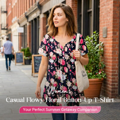 🌸Women’s Flowy Floral Button-Up Tee – Casual, Breezy, Versatile