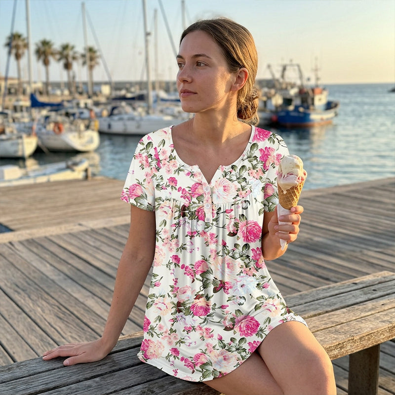 🌸Women’s Flowy Floral Button-Up Tee – Casual, Breezy, Versatile