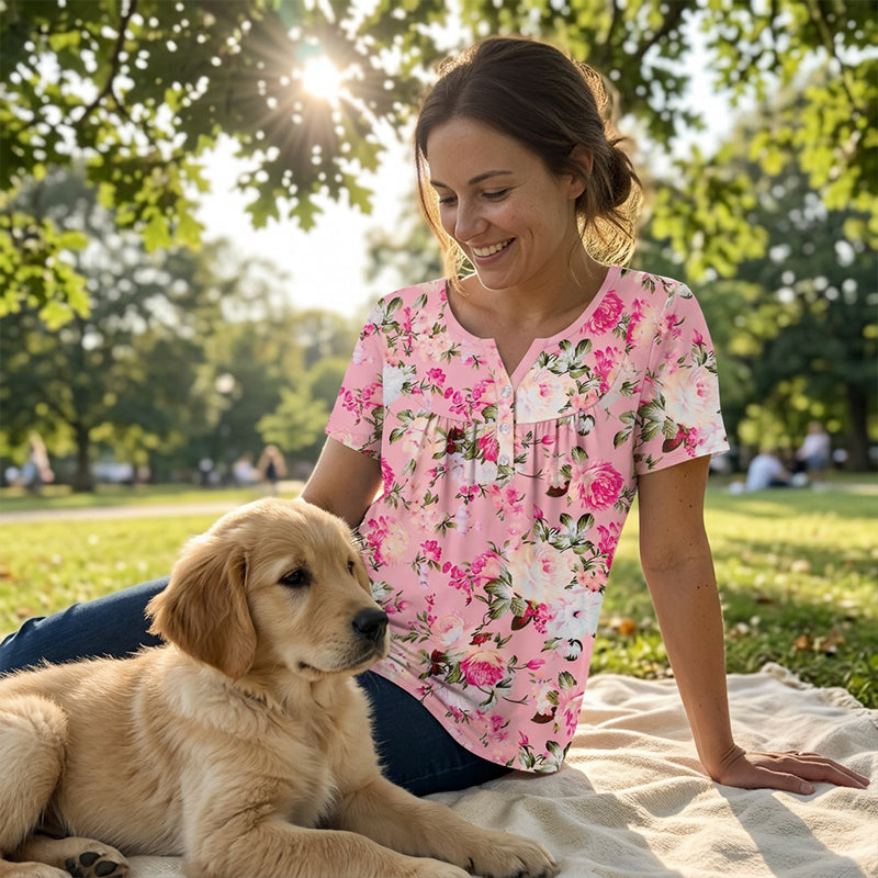 🌸Women’s Flowy Floral Button-Up Tee – Casual, Breezy, Versatile