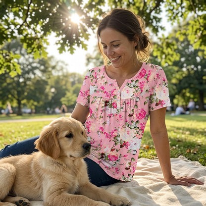 🌸Women’s Flowy Floral Button-Up Tee – Casual, Breezy, Versatile
