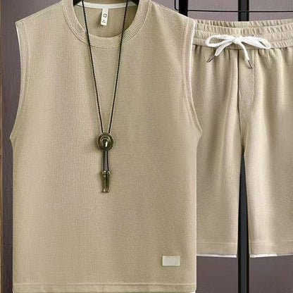 ✨ Men’s Minimalist Tank & Shorts Set – Waffle Knit, Drawstring Waist, Coordinated 🌿