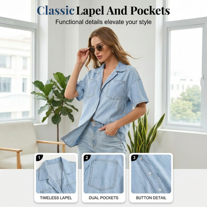 Women's Loose Lapel Denim Short Sleeve Shirt