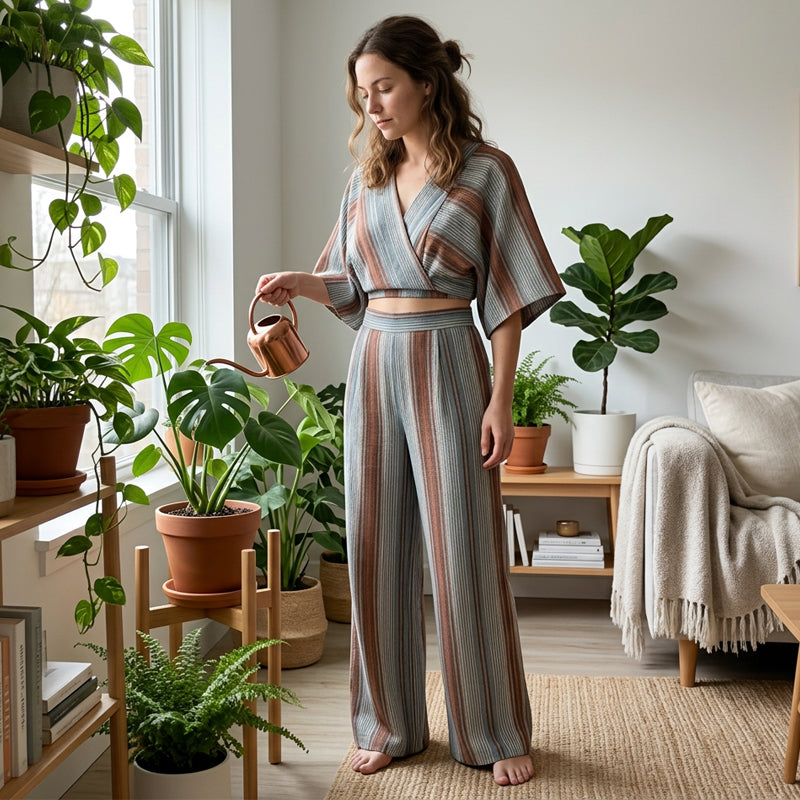 Women's Striped Crop Top & Wide-Leg Pants Set