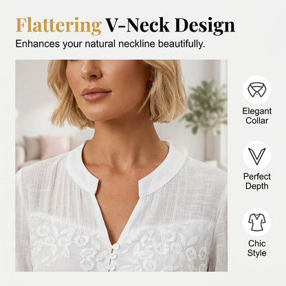 ✨ Lace Panel V-Neck Blouse – Embroidered, Roll-Up Sleeves, Effortless Chic 🌸