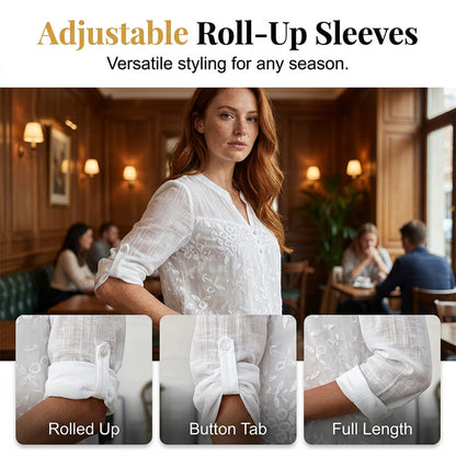 ✨ Lace Panel V-Neck Blouse – Embroidered, Roll-Up Sleeves, Effortless Chic 🌸