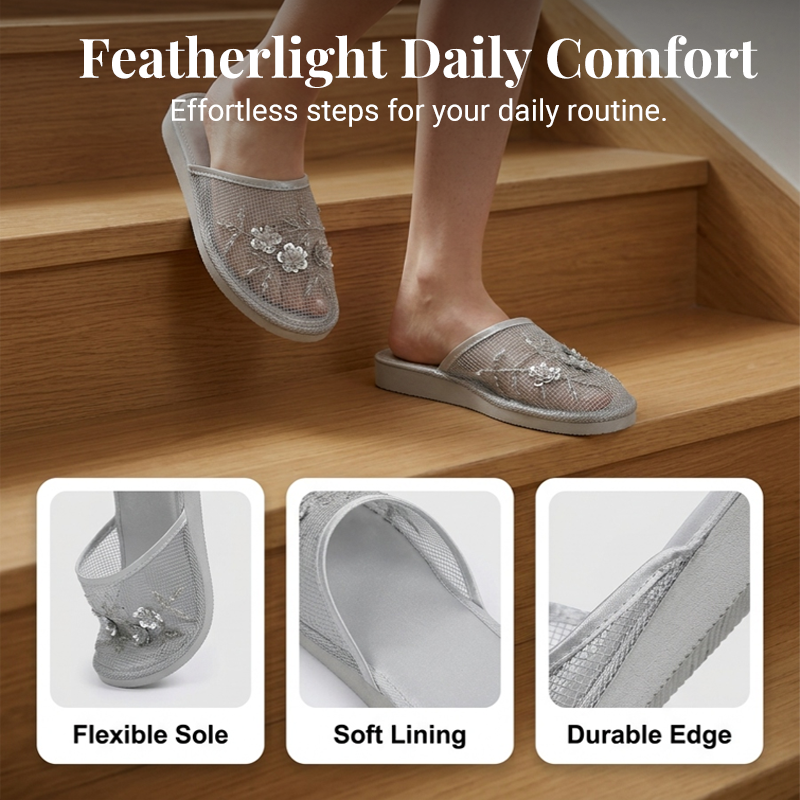 ✨ Floral Embroidered Mesh Slippers – Elegant, Soft, Breathable 👣