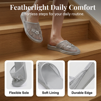✨ Floral Embroidered Mesh Slippers – Elegant, Soft, Breathable 👣