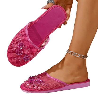 ✨ Floral Embroidered Mesh Slippers – Elegant, Soft, Breathable 👣
