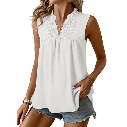👚 LIMITED-TIME 50% OFF! ✨ Polka-Dot Sleeveless Top – Lace V-Neck, Ruffled, Babydoll Fit 🌼
