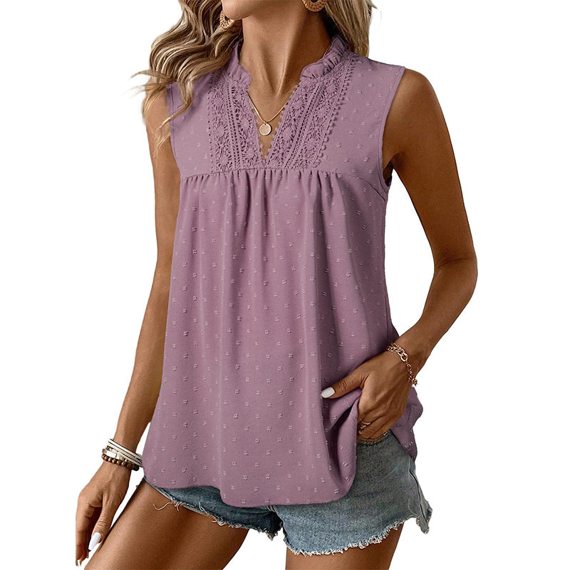 👚 LIMITED-TIME 50% OFF! ✨ Polka-Dot Sleeveless Top – Lace V-Neck, Ruffled, Babydoll Fit 🌼