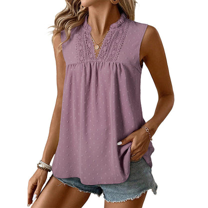 👚 LIMITED-TIME 50% OFF! ✨ Polka-Dot Sleeveless Top – Lace V-Neck, Ruffled, Babydoll Fit 🌼