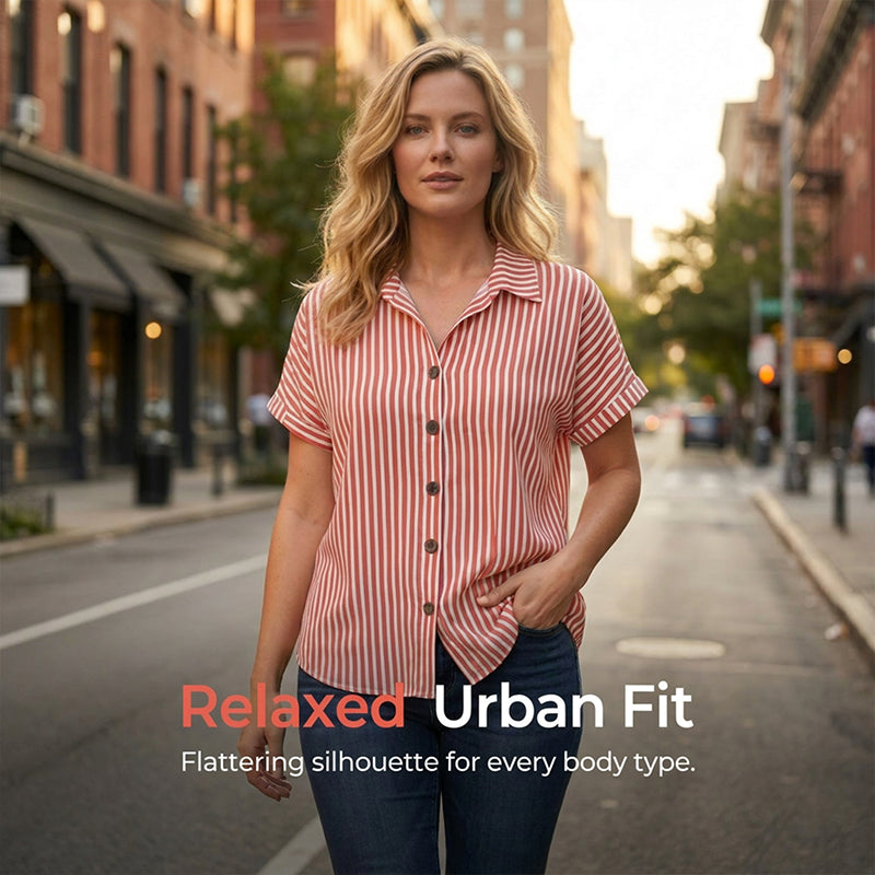 Women's Casual Striped Button-Down T-Shirt