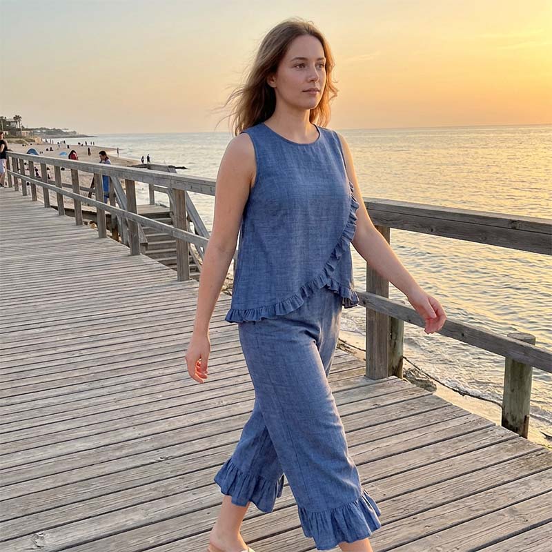 Summer Sleeveless Blouse and Ruffle Hem Pants Set