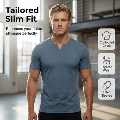 ✨ Men's V-Neck Short-Sleeve Shirt – Slim Fit, Modern & All-Day Fresh – Breathable Textured Knit, Notch Collar ☀️