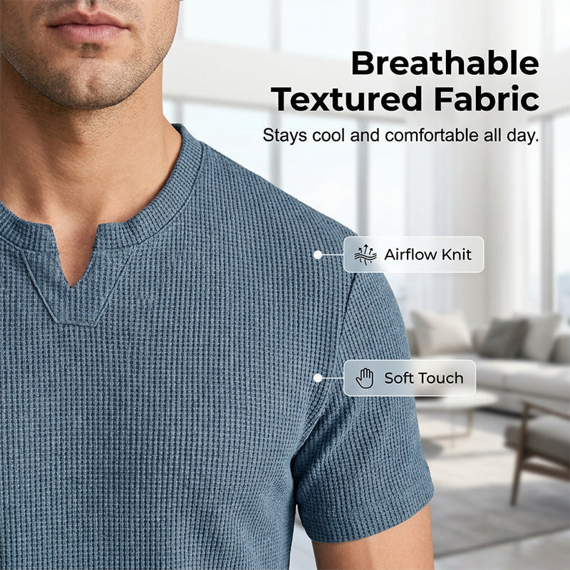 ✨ Men's V-Neck Short-Sleeve Shirt – Slim Fit, Modern & All-Day Fresh – Breathable Textured Knit, Notch Collar ☀️