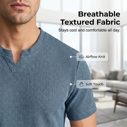 ✨ Men's V-Neck Short-Sleeve Shirt – Slim Fit, Modern & All-Day Fresh – Breathable Textured Knit, Notch Collar ☀️