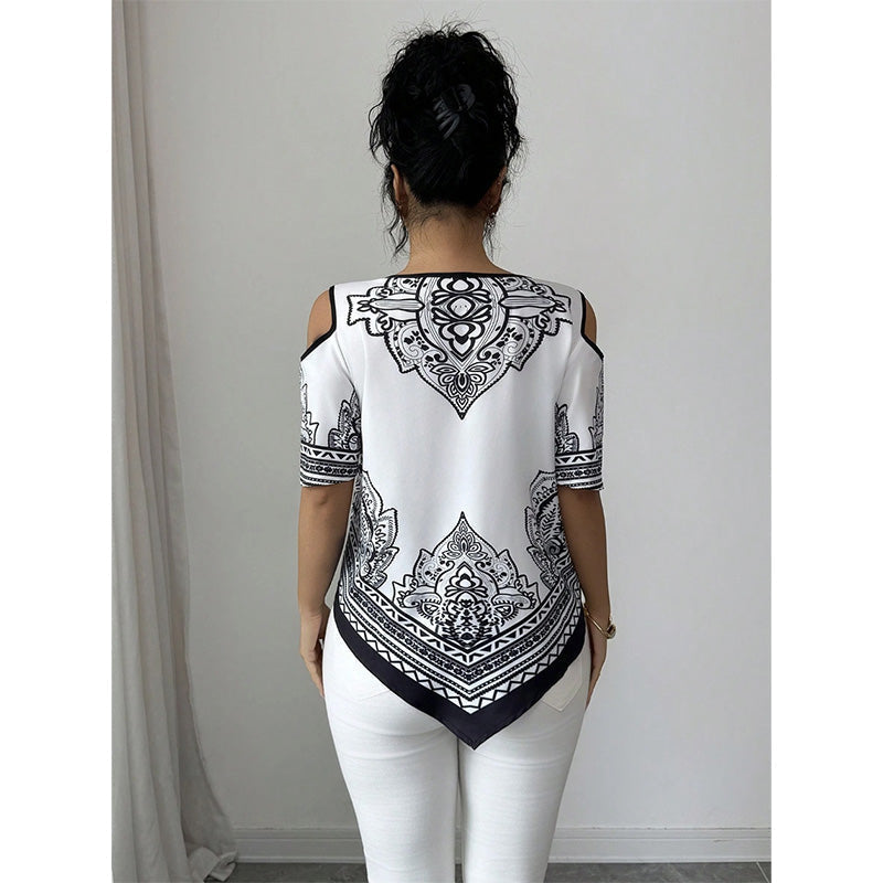 Boho Chic Cold Shoulder Top Irregular Hem Short Sleeve Tee
