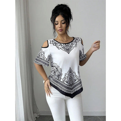 Boho Chic Cold Shoulder Top Irregular Hem Short Sleeve Tee