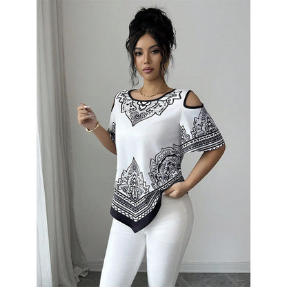 Boho Chic Cold Shoulder Top Irregular Hem Short Sleeve Tee