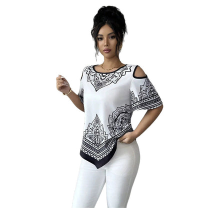 Boho Chic Cold Shoulder Top Irregular Hem Short Sleeve Tee