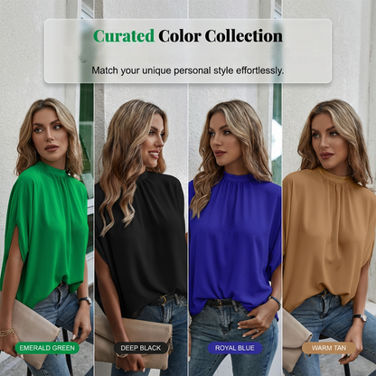 👚 LIMITED-TIME 50% OFF! ✨ Women's Mock Neck Top – Batwing Sleeve, Relaxed Fit, Elegant Drape 🍂