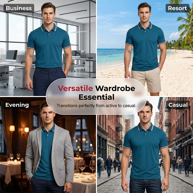 ✨ Men's Short Sleeve Sport Shirt – Athletic Fit, 4-Way Stretch, Striped Trim
