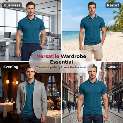 ✨ Men's Short Sleeve Sport Shirt – Athletic Fit, 4-Way Stretch, Striped Trim