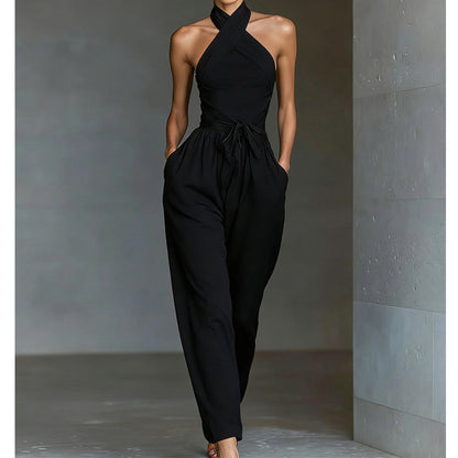 Elegant Halter Sleeveless Jumpsuit with Waist Tie