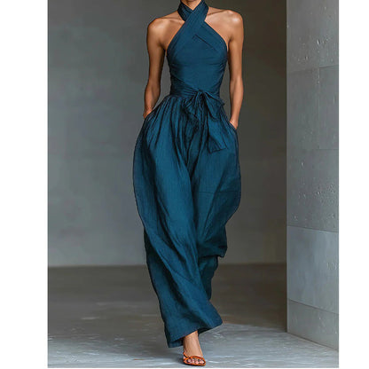 Elegant Halter Sleeveless Jumpsuit with Waist Tie