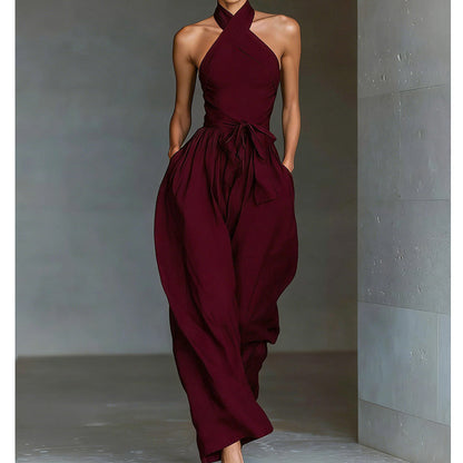 Elegant Halter Sleeveless Jumpsuit with Waist Tie