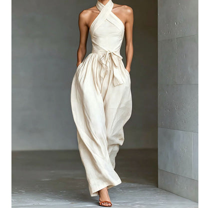 Elegant Halter Sleeveless Jumpsuit with Waist Tie
