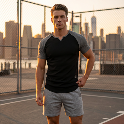👕 LIMITED-TIME 50% OFF! ✨ Men's V-Notch Raglan T-Shirt – Quick-Dry, Slim Fit, Two-Tone 🏋️