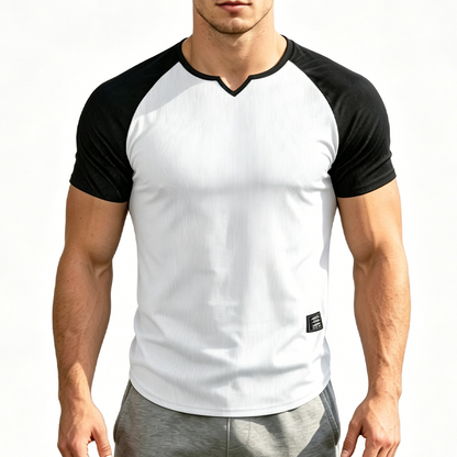 👕 LIMITED-TIME 50% OFF! ✨ Men's V-Notch Raglan T-Shirt – Quick-Dry, Slim Fit, Two-Tone 🏋️