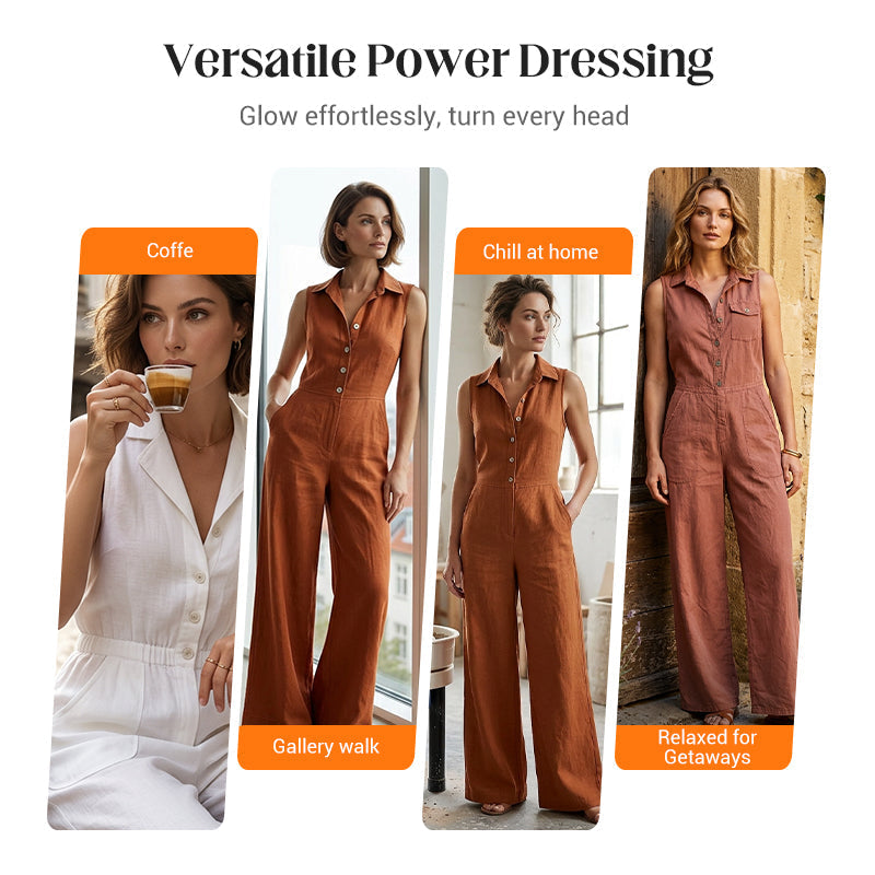 Women's Sleeveless Button-Front Wide-Leg Jumpsuit