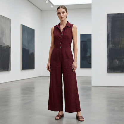 Women's Sleeveless Button-Front Wide-Leg Jumpsuit