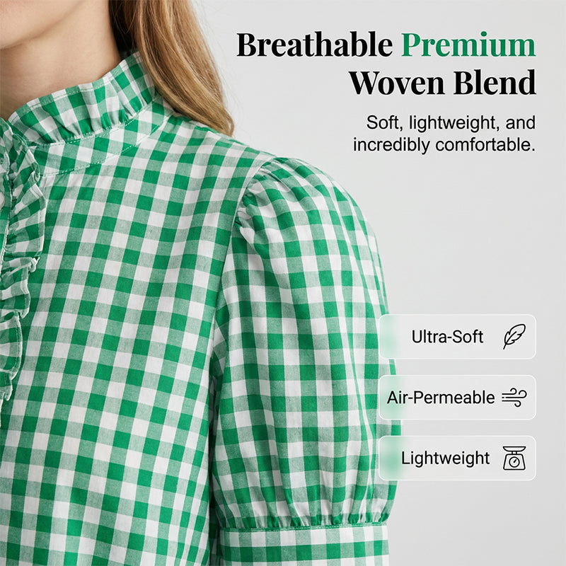 Women's Plaid Ruffle Collar Puff Sleeve Top