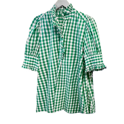 Women's Plaid Ruffle Collar Puff Sleeve Top