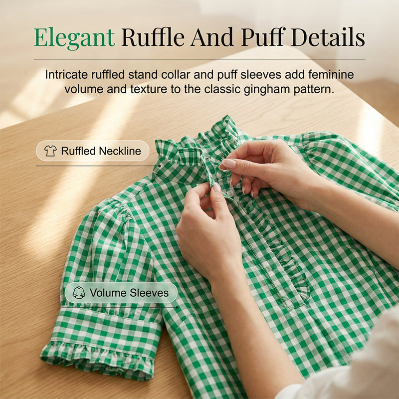 Women's Plaid Ruffle Collar Puff Sleeve Top