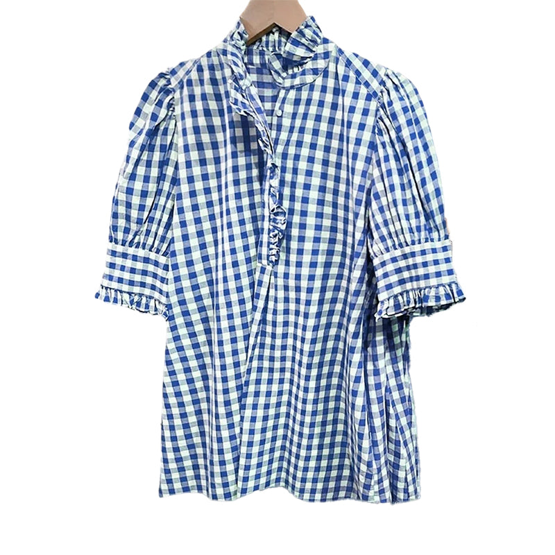 Women's Plaid Ruffle Collar Puff Sleeve Top