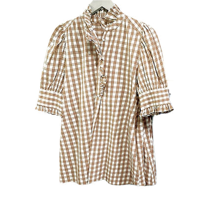 Women's Plaid Ruffle Collar Puff Sleeve Top