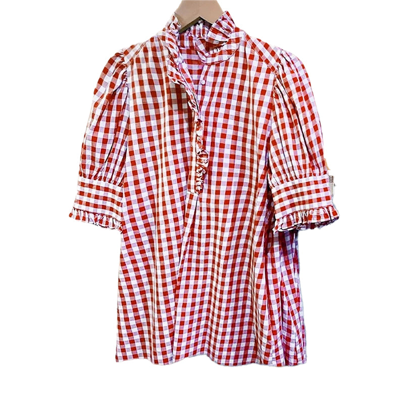 Women's Plaid Ruffle Collar Puff Sleeve Top