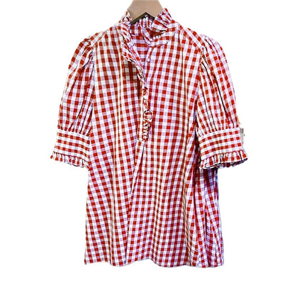 Women's Plaid Ruffle Collar Puff Sleeve Top