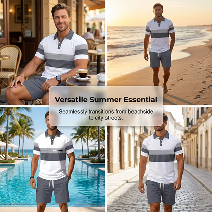 🔥Men's Short Sleeve Casual Set, Summer Beach Fashion Sport Wear, Plaid Pattern, Slim-Fitting, Above the Knee