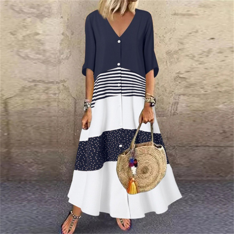 Women's Summer V-Neck Button-Up Maxi Dress