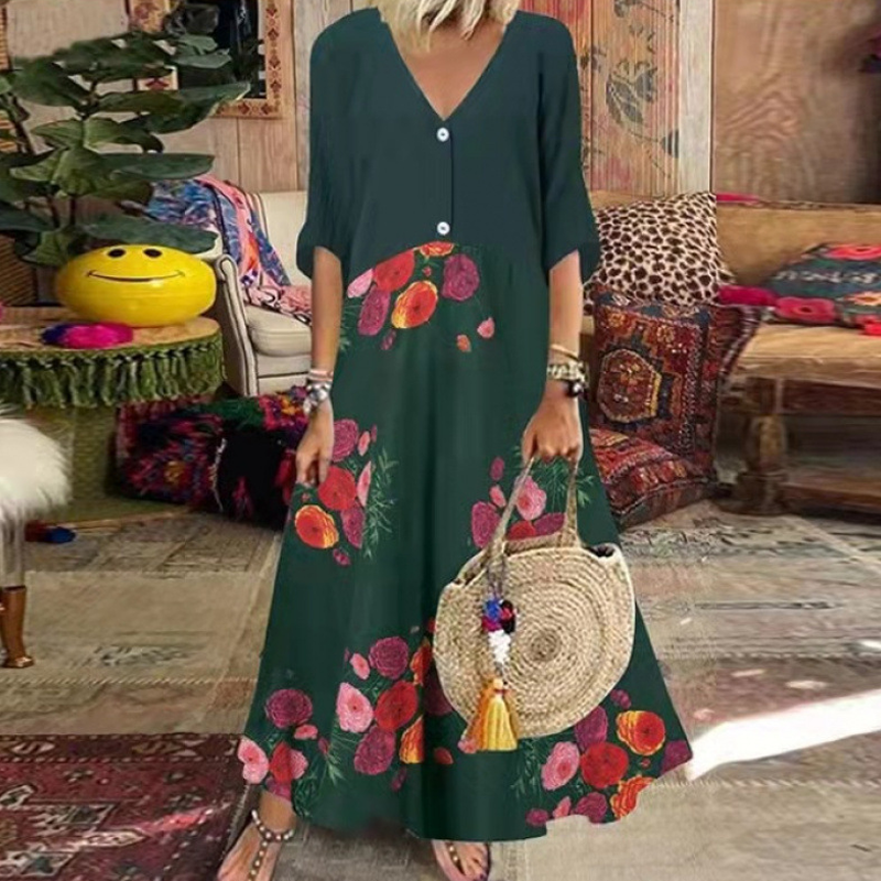 Women's Summer V-Neck Button-Up Maxi Dress