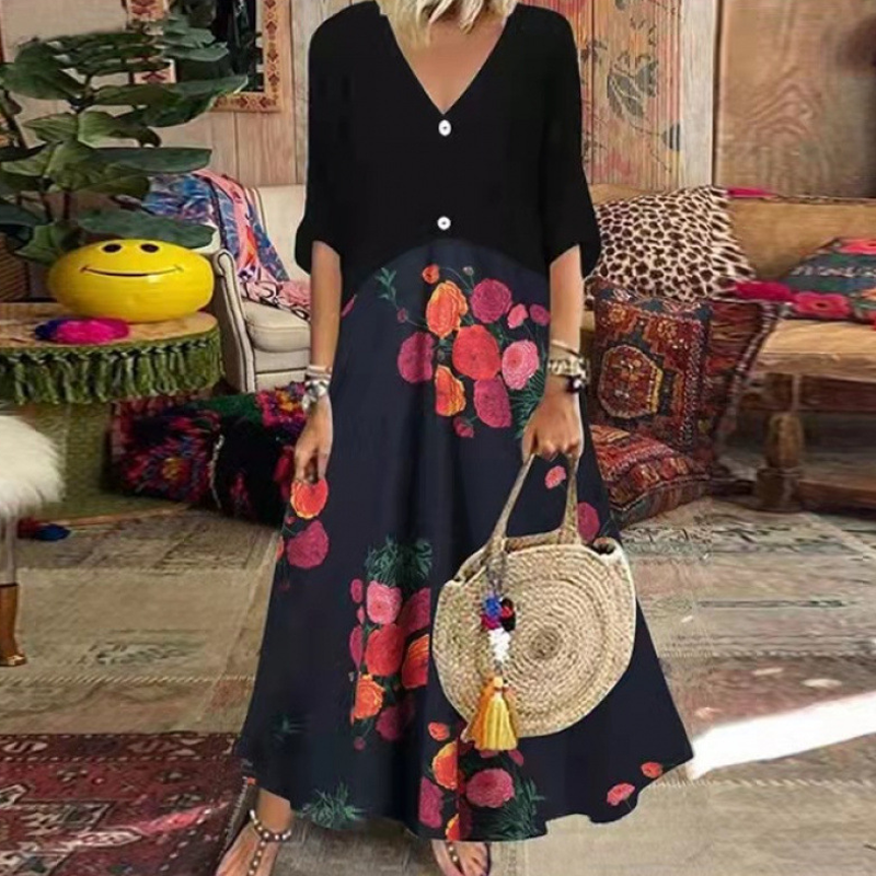 Women's Summer V-Neck Button-Up Maxi Dress
